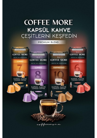 Coffee More 8 Lungo Kapsül Kahve 10 X 2 Paket 20 Adet Nespresso Uyumlu Kapsül Kahve