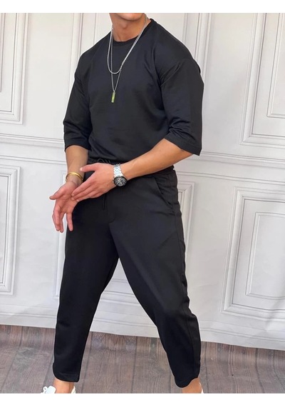 Modefendi İki İplik Fakir Kol Oversize Tshirt Siyah