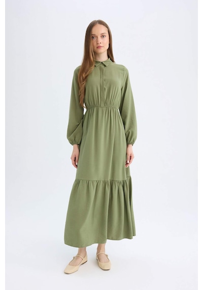 Defacto Gömlek Yaka Basic Düz Düğmeli Beli Büzgülü Uzun Kollu Maxi Elbise D5851AX24AUKH450 Haki