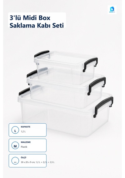 3'lü Midi Box Saklama Kabı Seti Çok Renkli 1,2/2,2/3,5 L