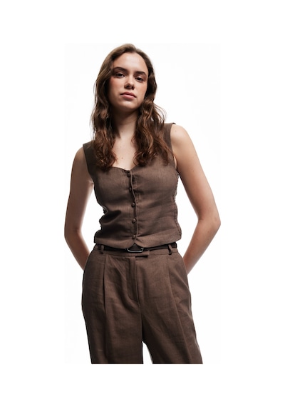 Koton Astarlı Düğmeli Askılı Keten Crop Bluz Kahverengi 5sak30104pw Kahve