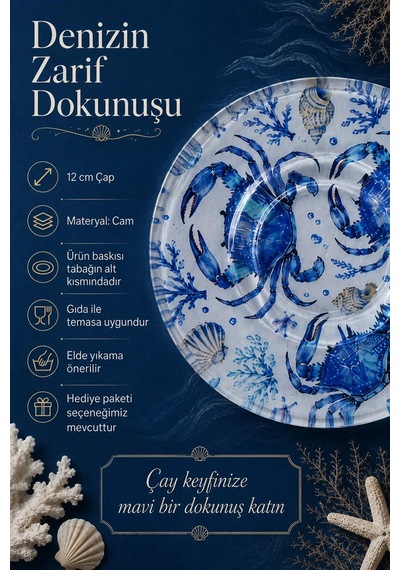 6 Lı Cam Çay Tabağı Mavi Yengeç Ve Deniz Kabukları Desenli 12 Cm 6 Adet Çay Tabak
