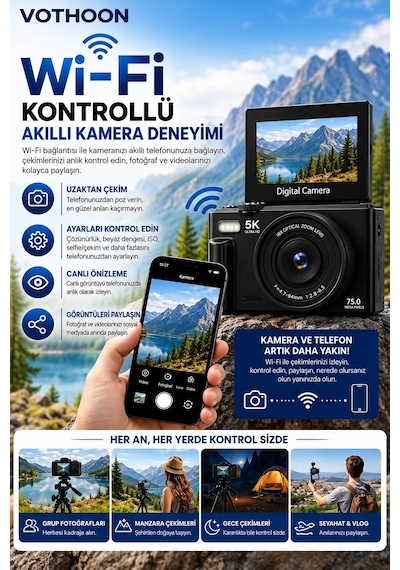 5k 75mp 18x Zoom Flaşlı 3 Flip Ekranlı Türkçe 32gb Kart Dijital Vlog Fotoğraf Makinesi Lens li Diğer