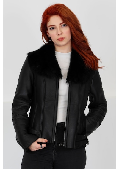 M M Marki Marki Siyah Hakiki Kürk Ve Deri Mont - Kemerli, Yakası Kürklü, Fit Kesim, Elegant Chic - 103722