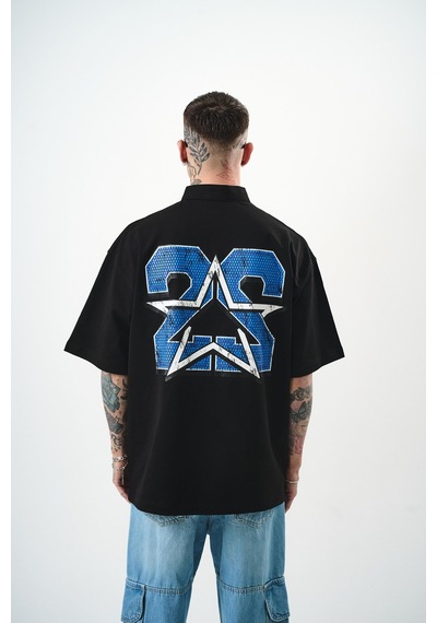 Respire Erkek 22 Baskılı Yarım Fermuarlı Oversize T-shirt Siyah