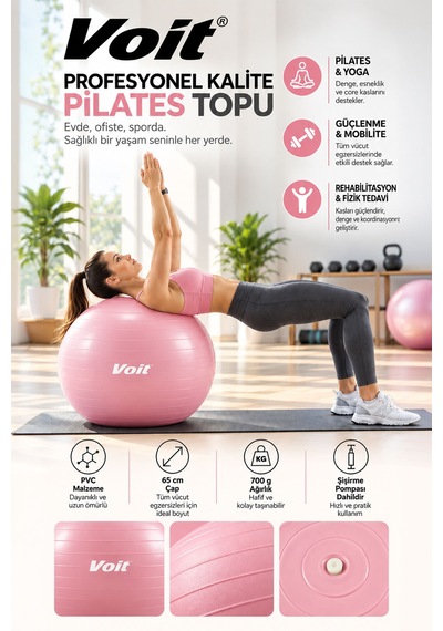 65 cm Pilates Topu Pompa Dahil Fitness ve Denge Egzersiz Topu Pembe