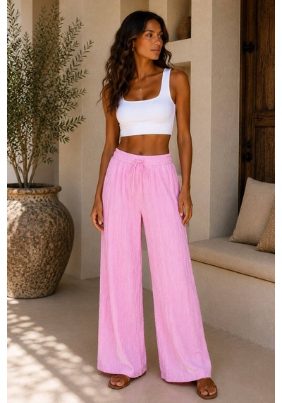 Hira Life Fashion Kadın Kumaşı Kabartma Detaylı Bol Paça Ve Önü Bağcıklı Salaş Burgu Şık Pantolon Pembe Pembe Hira Life Fashion Kadın Kumaşı Kabartma Detaylı Bol Paça Ve Önü Bağcıklı Salaş Burgu Şık Pantolon Pembe Pembe