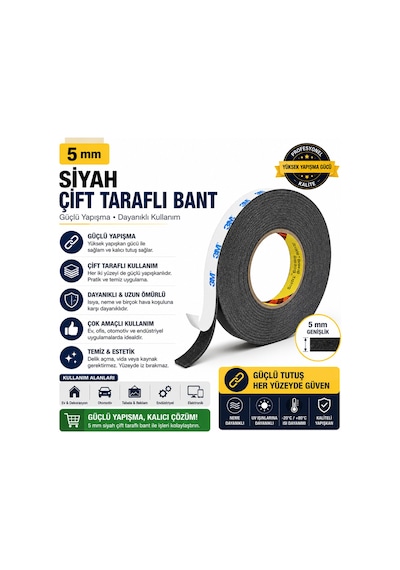 3m Scotch Çift Taraflı Bant 5mm X 50 Metre Güçlü Yapıştırıcı Siyah Akrilik Bant