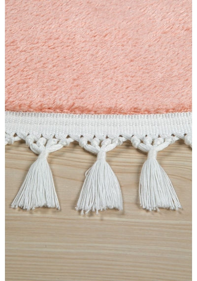 Vl Comfort Düz Saçaklı Peluş Halı Ekru Pembe Yuvarlak Saçaklı