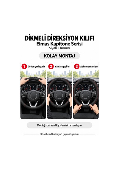 Trobus Peugeot 206 1998-2010 Uyumlu Dikmeli Direksiyon Kılıfı Elmas Kapitone Siyah Kırmızı Siyah - Kırmızı