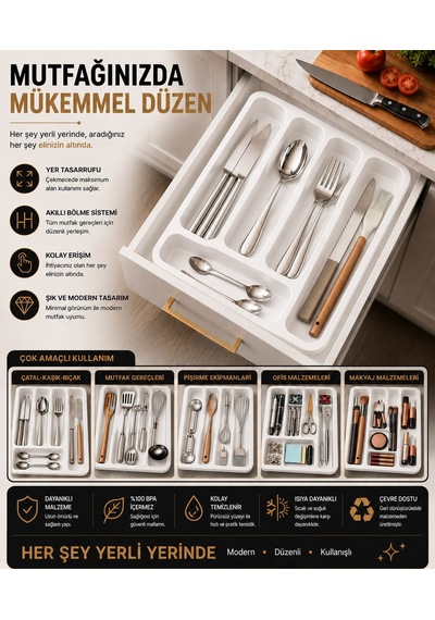 Sas Haus 6 Bölmeli Çekmece İçi Kaşıklık, Plastik Çatal Bıçak Organizeri, Mutfak Düzenleyici Beyaz S-11003