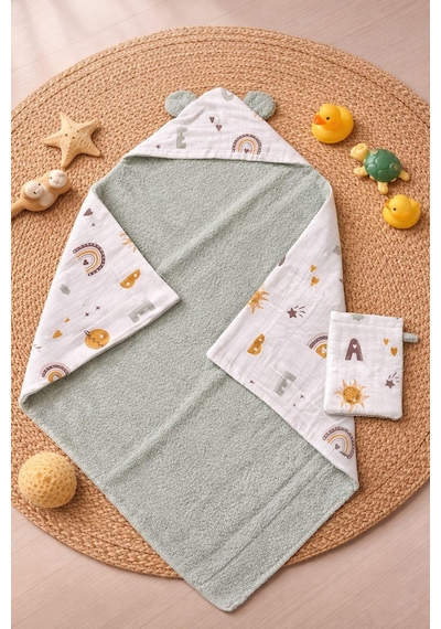 Heianmono Kundak Bebek Banyo Havlusu Dışı Müslin İçi Havlu (%100 Pamuk) (75x75 Cm) (Mint Yeşili) (0 - 24 Ay)