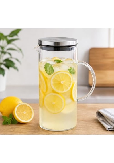 1500 Ml Cam Sürahi Metal Kapaklı Şeffaf Sürahi Dayanıklı Cam Gövde Ergonomik Sap Akıtmaz Ağız Tasarımı Soğu