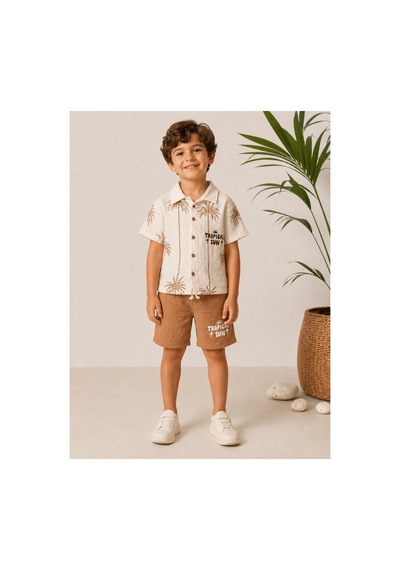 Uğur Bebe %100 Pamuk Erkek Çocuk Palmiye Desenli Müslin Kumaş Polo Yaka Gömlek & Müslin Kumaş Kahve Şort Takım Bej Bej Uğur Bebe %100 Pamuk Erkek Çocuk Palmiye Desenli Müslin Kumaş Polo Yaka Gömlek & Müslin Kumaş Kahve Şort Takım Bej Bej