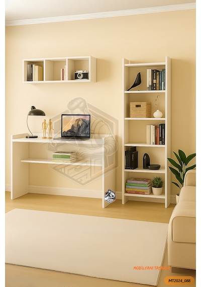 Tamamı Mdf Kitaplıklı Duvar Raflı Çalışma Odası Seti