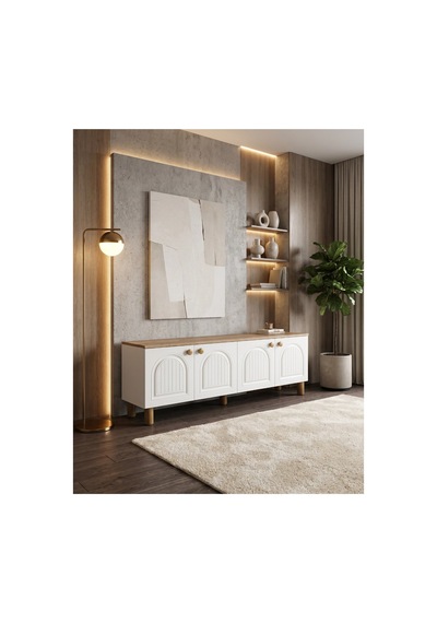 Modern Tv Ünitesi Beyaz Lake Mdf Kapaklı Suntalam Gövde 4 Kapaklı Tv Sehpası Konsol Beyaz