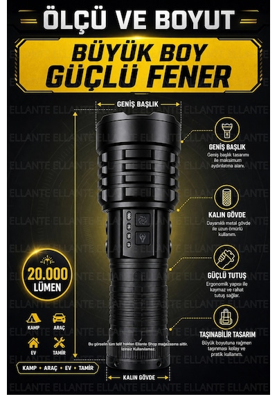 20.000 Lümen Süper Güçlü El Feneri Şarj Edilebilir Uzun Menzil Led Fener Güçlü Aydınlatma Çok Renkli