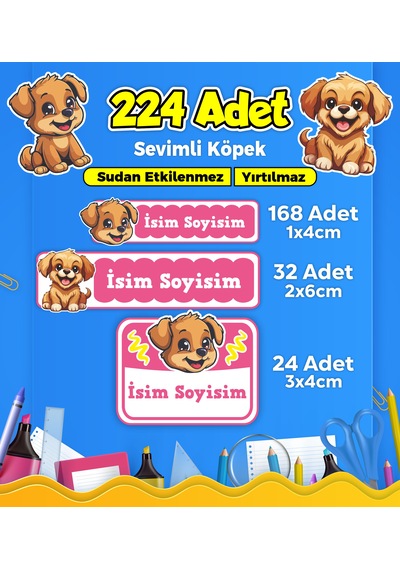 Sevimli Köpek Temalı Okul Kreş Kişiye Özel İsim Etiket Seti - Model 405 Çok Renkli