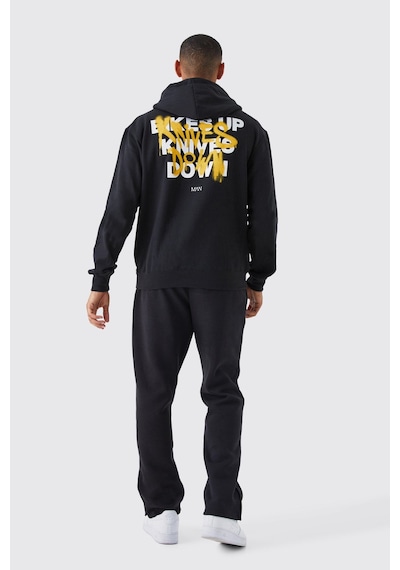 Unisex Knives Down Basklı Kapşonlu Oversize Sweatshirt Siyah