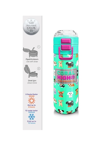 Coral High Kids Su Yeşili Neon Pembe Köpek Desenli Pipetli Ve Direkt İçim Çelik Termos 500 Ml 31913 Yeşil - Beyaz Coral High Kids Su Yeşili Neon Pembe Köpek Desenli Pipetli Ve Direkt İçim Çelik Termos 500 Ml 31913 Yeşil - Beyaz