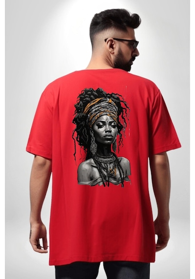 Afrikalı Kadın Sanat Siyahi Kırmızı Oversize Unisex Ön Ve Sırt Baskılı Tişört Kırmızı