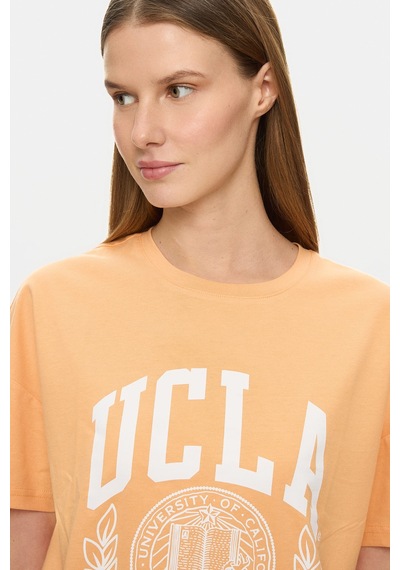 Ucla Avalon Açık Turuncu Bisiklet Yaka Baskılı %100 Pamuk Loose Fit Kadın Tshirt