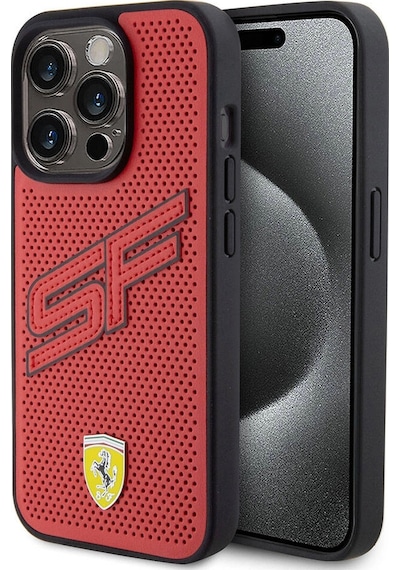 Apple iPhone Uyumlu 15 Pro Kılıf Ferrari  Lisanslı Pu Delikli Arka Yüzey Metal Logolu Dikişli Büyük