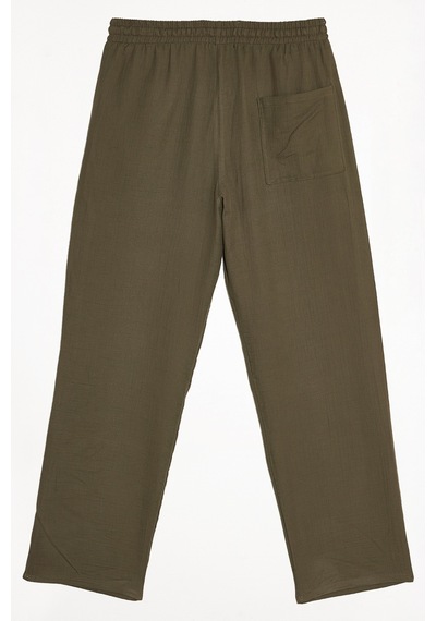 Tudors Erkek Baggy Fit Geniş Kesim %100 Pamuk Beli Lastikli Yandan Cepli Müslin Haki Düz Pantolon-46262 Haki