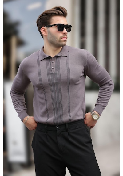 Madmext Koyu Gri Polo Yaka Çizgili Erkek Triko Kazak 7265 Koyu Gri