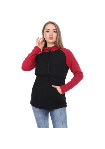 Luvmabelly Myra4525 Bordo&siyah Parçalı Kapüşonlu Ve Cepli Emzirme Sweatshirt