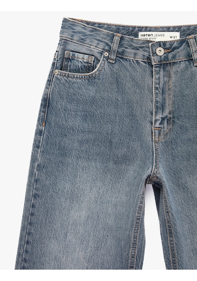 Koton Pamuklu Cepli Düğmeli Yüksek Bel Düz Paça Denim Pantolon - Straight Fit Jean Açık İndigo 6sal40111md
