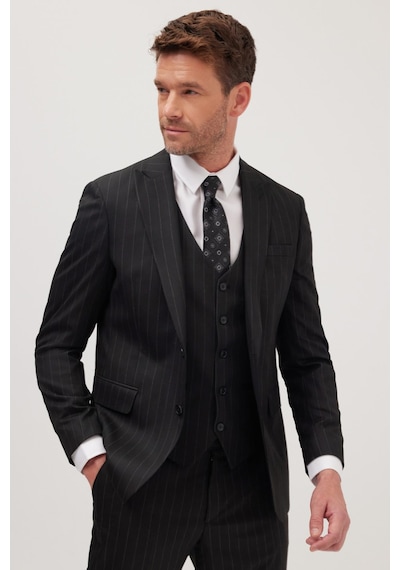 Tudors Erkek Slim Fit Siyah Esnek Likralı Kumaş Sivri Yaka Yelekli Takım Elbise-41294