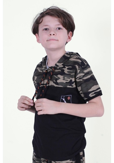 Panios Kids Kapşonlu Kamuflaj Desen Erkek Çocuk T-shirt Haki Yeşil