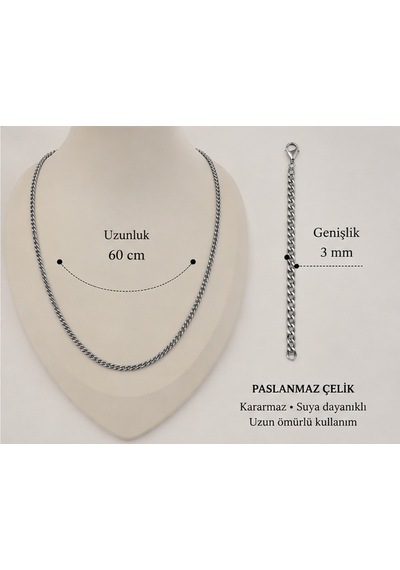 Erkek Paslanmaz Çelik Gurmet Set Zincir Kolye + Bileklik Gümüş Renk Çok Renkli