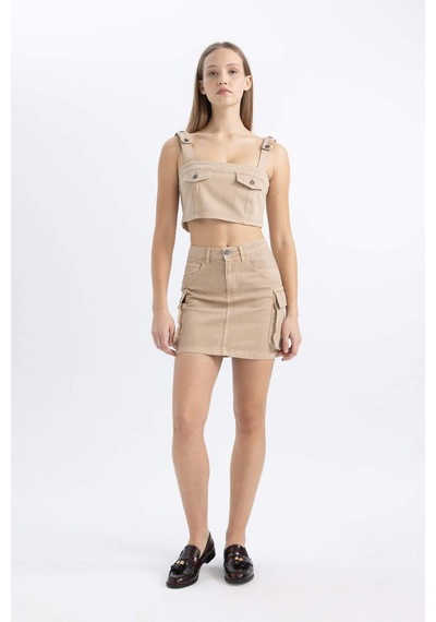 Defacto Coool Kargo Fit Gabardin Yıkamalı Soluk Efektli Mini Etek C4456AX24SPBG387 Bej