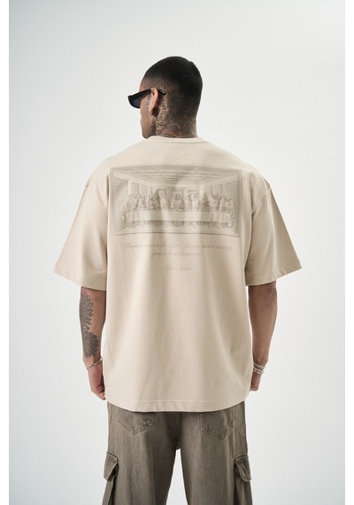 Respire Erkek Da Vinci Baskılı Oversize T-shirt Bej