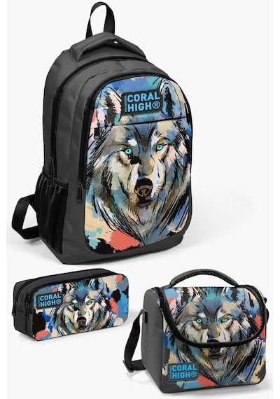 Coral High Kids Gri Siyah Kurt Desenli 3 Lü Okul Çanta Seti Set0114404