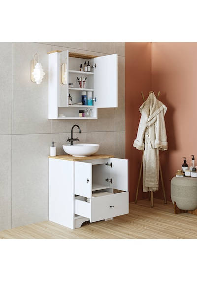 Ayaklı 2 Kapaklı Lavabolu Mdf 60 Cm Çekmeceli Banyo Dolap Aria Atlantik Çam - Beyaz Ayaklı 2 Kapaklı Lavabolu Mdf 60 Cm Çekmeceli Banyo Dolap Aria Atlantik Çam - Beyaz
