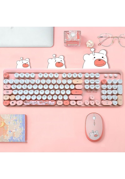 Mofii Ayıcık Desenli Kablosuz Renkli Yuvarlak Tuşlu Klavye Mouse Set-al4258 Pembe Diğer
