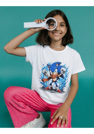 Alpşan Ticaret Sonic Çocuk Tişört Sonic Unisex Yetişkin Tişört Sonic Tişört Beyaz