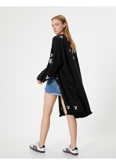Koton Midi Kimono Nakışlı Oversize Asimetrik Kesim Siyah 4sal50006ıw Siyah Koton Midi Kimono Nakışlı Oversize Asimetrik Kesim Siyah 4sal50006ıw Siyah