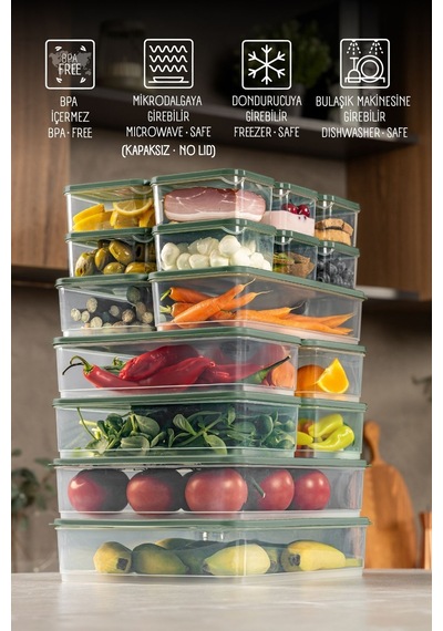 Vienev 20li Buzdolabı Dondurucu Organizer Ve Saklama Kabı Yeşil 12x 350ml 4x 1,75lt 2x 1,65lt 2x 3,5lt Yeşil