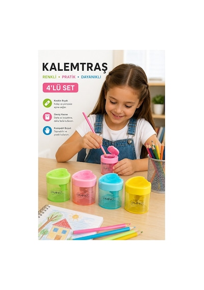 Kalp Görünümlü Kalemtraş 4 Adet Piano 555835 Hazneli Çift Bıçaklı Kalem Açacağı Plastik Kalemtıraş Kalem Traş Okul
