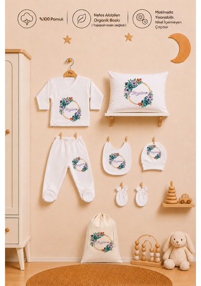 Pia Baby Kişiye Özel %100 Pamuk Kız Bebek Yastık Battaniye Zıbın Set Ve Kıyafet Kesesi 1026zybk0x Krem