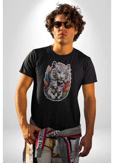 Siyah Kaplan Ailesi Renkli Tüyler Unisex Unisex Siyah Organik Baskılı T-shirt Penye Yüksek Kalite Siyah