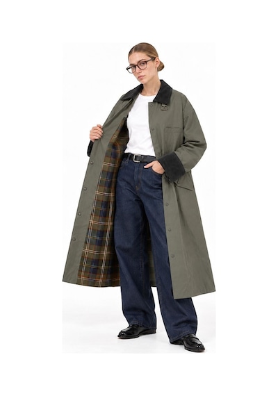 Hiccup Oversize Kadife Yakalı Ekose Astarlı Uzun Trençkot Haki Yeşil
