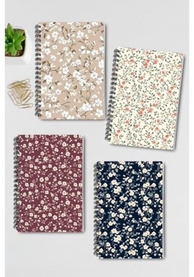 Ayrex Mini Çiçekler Tasarım 4'lü Defter Seti - A5 Boyut, Çizgisiz, Tel Spiralli - Günlük, Ajanda, Okul Ve Anı De Genel