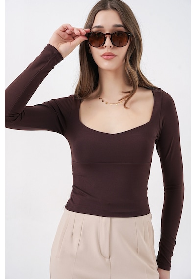 Bigdart Kadın Kare Yaka Slim Fit Bluz 986 - Kahverengi