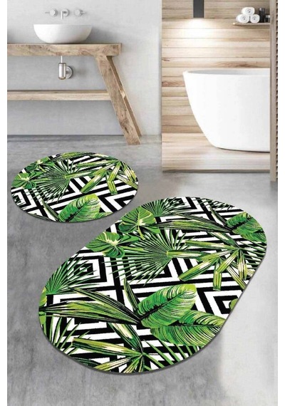 Yeşil Yapraklı Desen Oval Banyo Klozet Paspas Seti Bs079n11