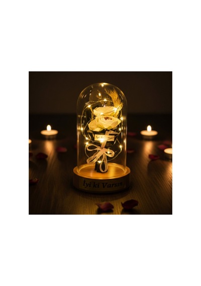 2 Adet Gül Buketi Ledli Fanus Led Aydınlatmalı Şeffaf Fanus, Üç Güllü Buket, Masa Komodin Dekor Three Rose Bouquet, Led Decorative Cloche